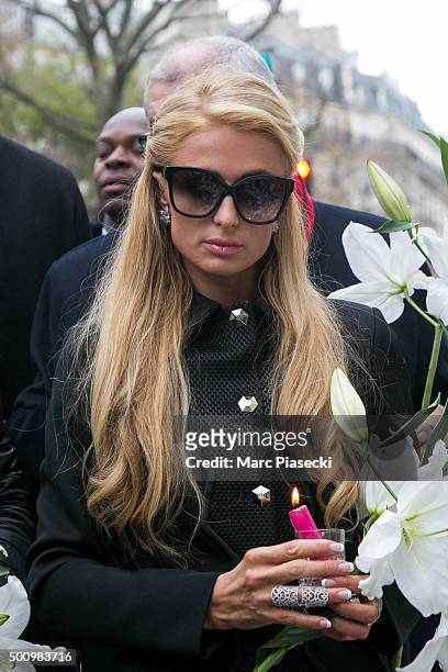 Paris Hilton gives a tribute to the victims of the terrorist attack at the 'Bataclan' concert hall on December 11, 2015 in Paris, France.
