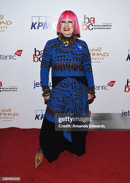 Designer Zandra Rhodes arrives at the BABC LA 56th Annual Christmas Luncheon at the Fairmont Miramar Hotel on December 11, 2015 in Santa Monica,...