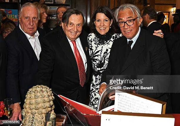 Frederick Forsyth, Barry Humphries, Jill Kluge, Group Director of Brand Communication for Mandarin Oriental Hotel Group, and Sir David Tang attend a...