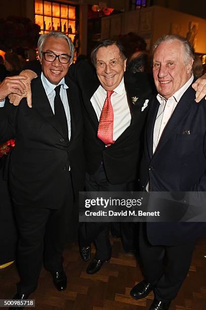 Sir David Tang, Barry Humphries and Frederick Forsyth attend a champagne reception to celebrate the launch of "Mandarin Oriental: The Book" by...