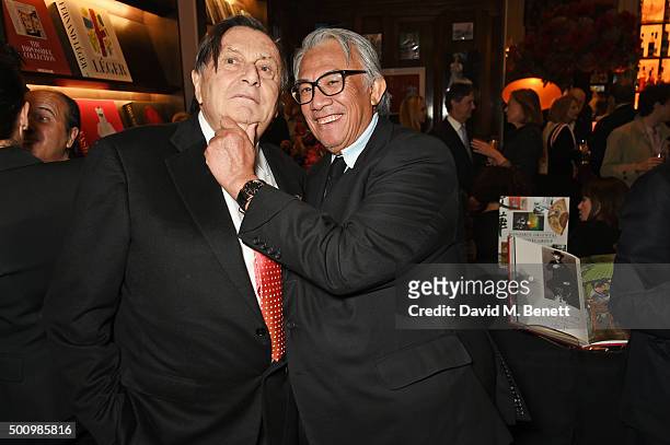 Barry Humphries and Sir David Tang attend a champagne reception to celebrate the launch of "Mandarin Oriental: The Book" by Assouline at Maison...
