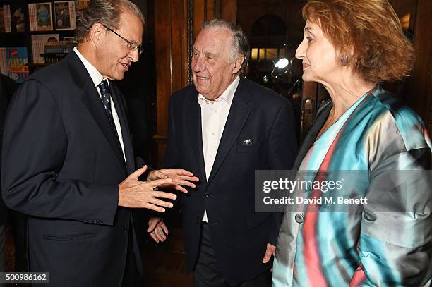 Edouard Ettedgui, Group Chief Executive of Mandarin Oriental Hotel Group, Frederick Forsyth and Sandy Molloy attend a champagne reception to...