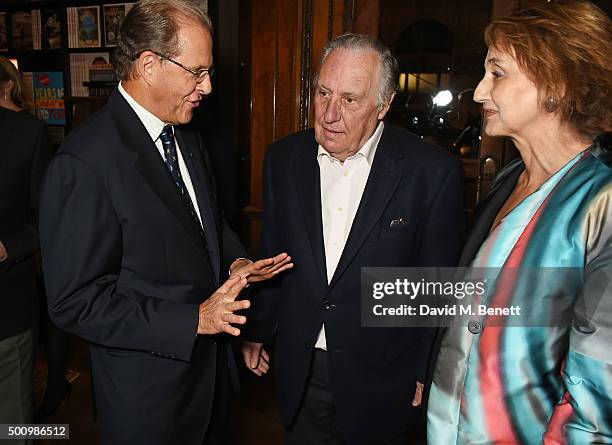 Edouard Ettedgui, Group Chief Executive of Mandarin Oriental Hotel Group, Frederick Forsyth and Sandy Molloy attend a champagne reception to...