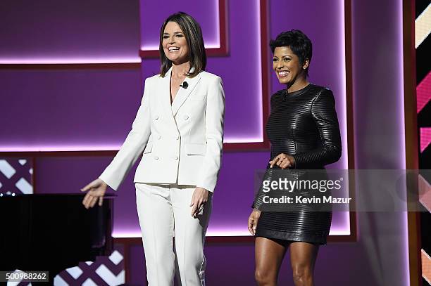 Savannah Guthrie and Tamron Hall speak onstage during Billboard Women In Music 2015 on Lifetime at Cipriani 42nd Street on December 11, 2015 in New...
