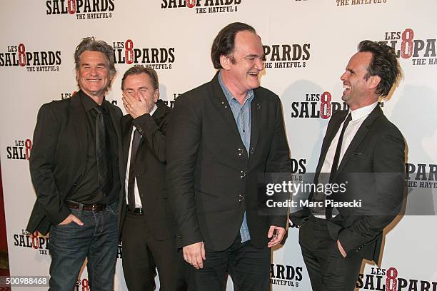 Actors Kurt Russell; Tim Roth; director Quentin Tarantino and actor Walton Goggins attend the 'The Hateful Eight' Premiere at Le Grand Rex on...