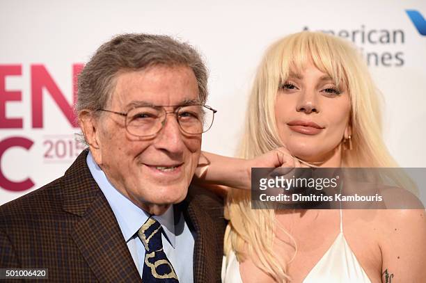 Tony Bennett and Lady Gaga attend Billboard Women In Music 2015 at Cipriani 42nd Street on December 11, 2015 in New York City.