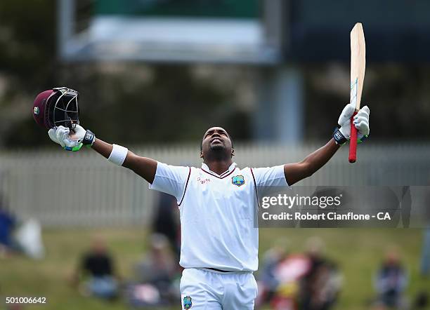 Darren Bravo of the West Indies celebrates after reaching his century during day three of the First Test match between Australia and the West Indies...