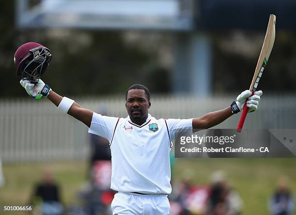 Darren Bravo of the West Indies celebrates after reaching his century during day three of the First Test match between Australia and the West Indies...