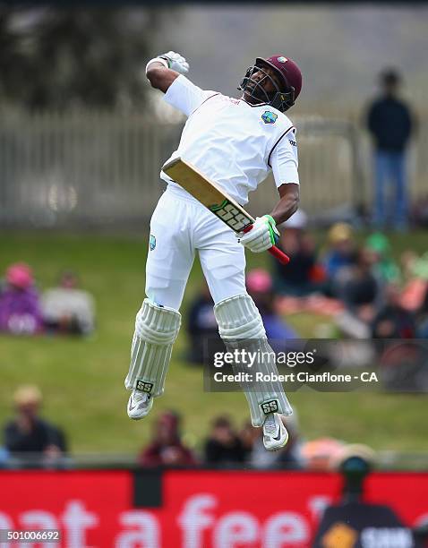 Darren Bravo of the West Indies celebrates after reaching his century during day three of the First Test match between Australia and the West Indies...