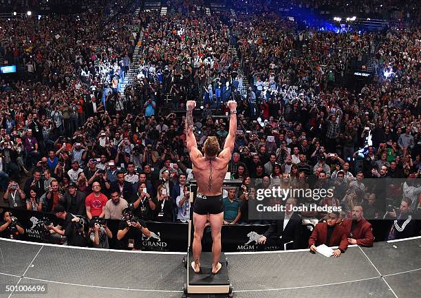 Interim featherweight champion Conor McGregor of Ireland weighs in during the UFC 194 weigh-in inside MGM Grand Garden Arena on December 10, 2015 in...
