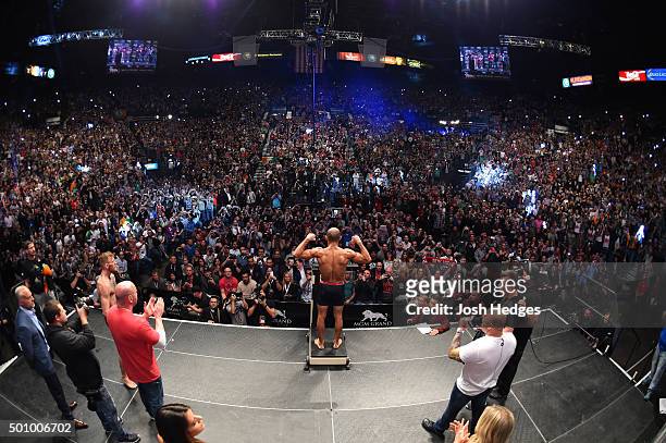 Featherweight champion Jose Aldo of Brazil weighs in during the UFC 194 weigh-in inside MGM Grand Garden Arena on December 10, 2015 in Las Vegas,...