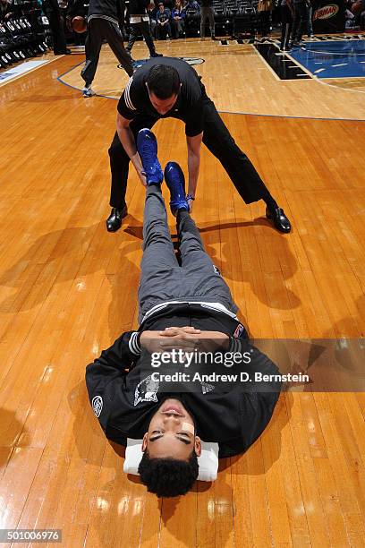 Karl-Anthony Towns of the Minnesota Timberwolves warms up before the game against the Los Angeles Clippers on December 7, 2015 at Target Center in...