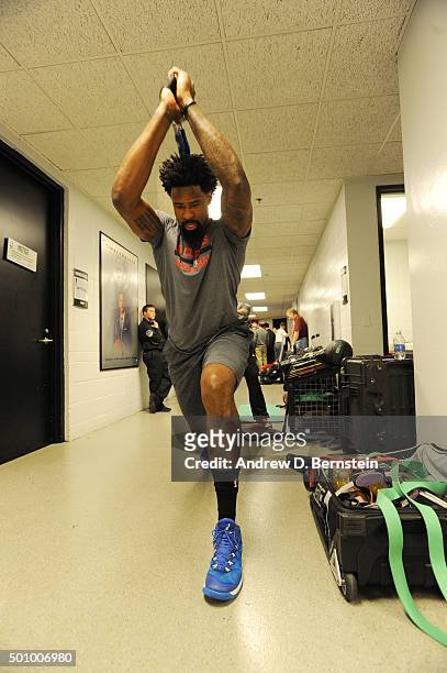 DeAndre Jordan of the Los Angeles Clippers warms up before the game against the Minnesota Timberwolves on December 7, 2015 at Target Center in...