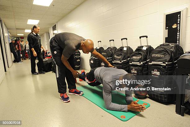 Chris Paul of the Los Angeles Clippers warms up before the game against the Minnesota Timberwolves on December 7, 2015 at Target Center in...