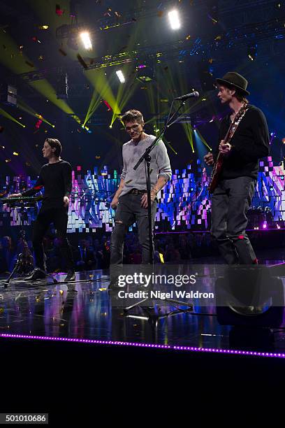 Magne Furuholmen of Norway, Kygo of Norway, Morten Harket of Norway and Paul Waaktaar-Sav of Norway perform on stage during the Nobel Peace Prize...