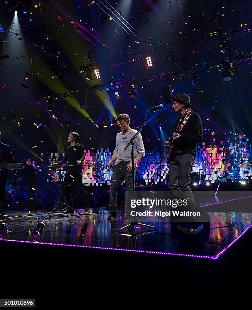 Magne Furuholmen of Norway, Kygo of Norway, Morten Harket of Norway and Paul Waaktaar-Sav of Norway perform on stage during the Nobel Peace Prize...