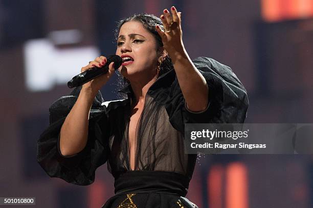 Tunisian singer Emel Mathlouthi performs during Nobel Peace Prize concert at Telenor Arena on December 11, 2015 in Oslo, Norway.