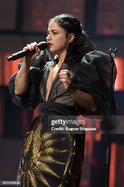 Tunisian singer Emel Mathlouthi performs during Nobel Peace Prize concert at Telenor Arena on December 11, 2015 in Oslo, Norway.