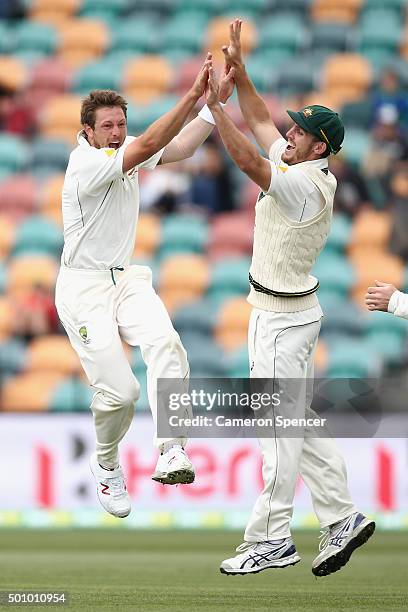 James Pattinson of Australia celebrates dismissing Jermaine Blackwood of the West Indies during day three of the First Test match between Australia...