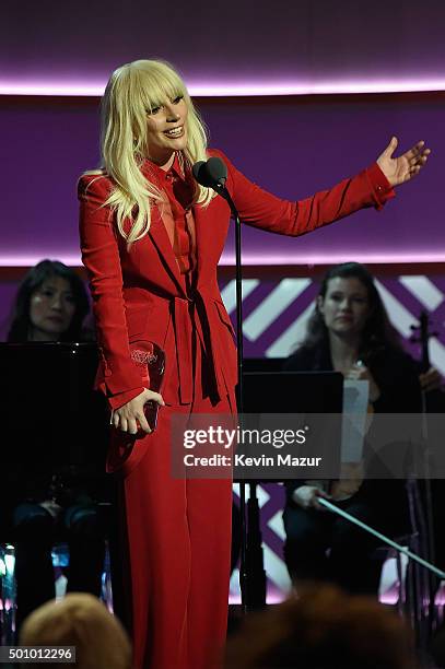 Lady Gaga speaks onstage during Billboard Women In Music 2015 on Lifetime at Cipriani 42nd Street on December 11, 2015 in New York City.