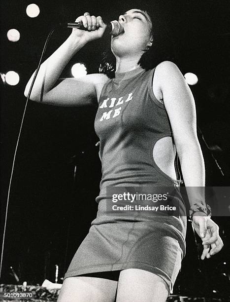 Singer Kathleen Hanna of the punk group Bikini Kill performs during the Rock for Choice concert at The Hollywood Palladium on April 30, 1993 in Los...