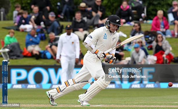 Tom Latham of New Zealand bats during day three of the First Test match between New Zealand and Sri Lanka at University Oval on December 12, 2015 in...