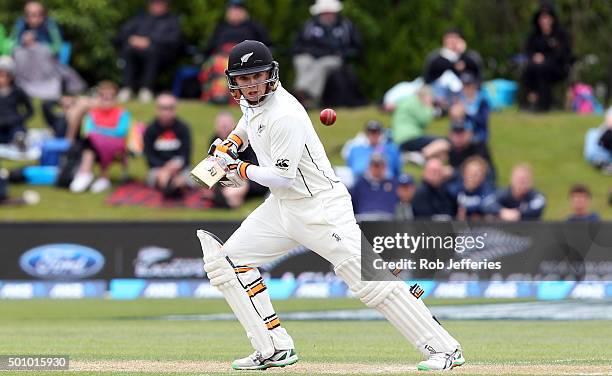 Tom Latham of New Zealand bats during day three of the First Test match between New Zealand and Sri Lanka at University Oval on December 12, 2015 in...