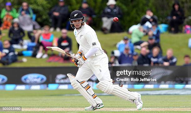 Tom Latham of New Zealand bats during day three of the First Test match between New Zealand and Sri Lanka at University Oval on December 12, 2015 in...