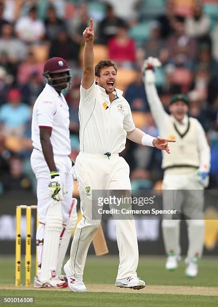 James Pattinson of Australia celebrates dismissing Jason Holder of the West Indies during day three of the First Test match between Australia and the...