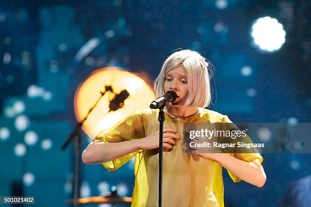 Norwegian singer-songwriter Aurora Aksnes performs during Nobel Peace Prize concert at Telenor Arena on December 11, 2015 in Oslo, Norway.