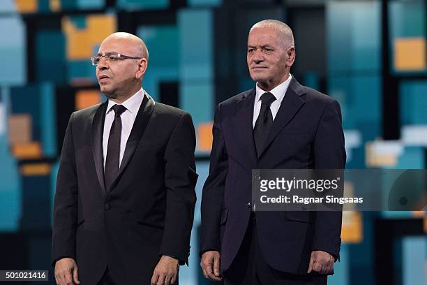 The Nobel Peace Prize Laureates 2015 Mohamed Fadhel Mahfoudh and Houcine Abbassi look on during Nobel Peace Prize concert at Telenor Arena on...
