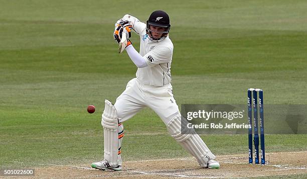 Tom Latham of New Zealand bats during day three of the First Test match between New Zealand and Sri Lanka at University Oval on December 12, 2015 in...