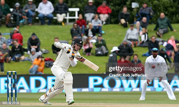 Tom Latham of New Zealand bats during day three of the First Test match between New Zealand and Sri Lanka at University Oval on December 12, 2015 in...