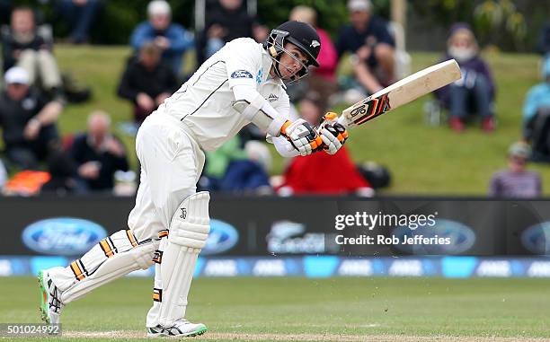 Tom Latham of New Zealand bats during day three of the First Test match between New Zealand and Sri Lanka at University Oval on December 12, 2015 in...