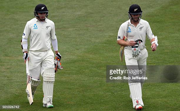 Tom Latham and Kane Williamson of New Zealand leave the ground undefeated during day three of the First Test match between New Zealand and Sri Lanka...