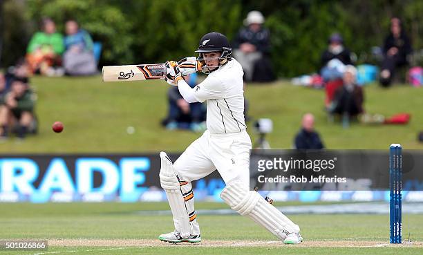 Tom Latham of New Zealand bats during day three of the First Test match between New Zealand and Sri Lanka at University Oval on December 12, 2015 in...