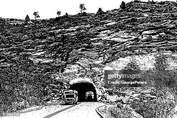 camper driving through zion national park tunnel, utah - sandstone stock illustrations