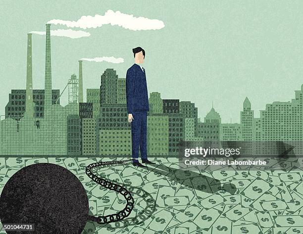 stockillustraties, clipart, cartoons en iconen met retro businessman with ball and chain - ketenen