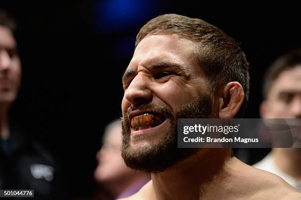 Chad Mendes prepares to face Frankie Edgar in their featherweight bout during the TUF Finale event inside The Chelsea at The Cosmopolitan of Las...