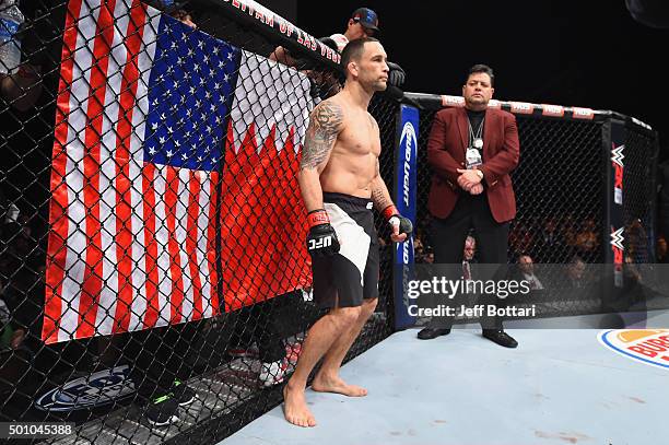 Frankie Edgar prepares to face Chad Mendes in their featherweight bout during the TUF Finale event inside The Chelsea at The Cosmopolitan of Las...