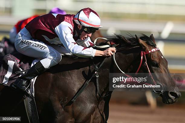 Harry Coffey rides Felicienne to win race nine the Metricon Trophy as part of Western Health Community Raceday during Melbourne Racing at Flemington...