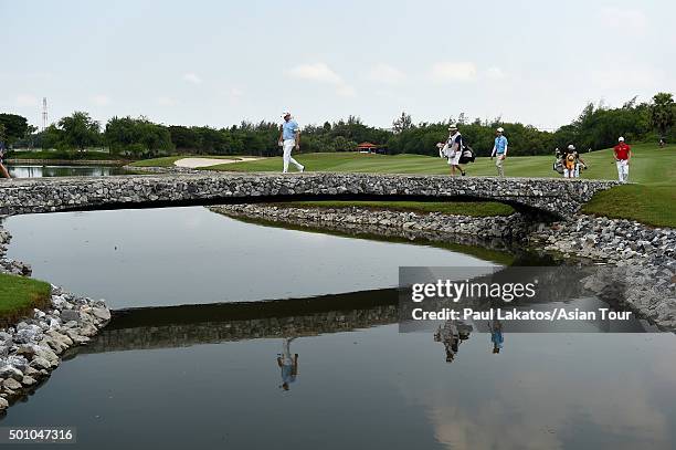 Jamie Donaldson of Wales plays a shot during round three of the Thailand Golf Championship at Amata Spring Country Club on December 12, 2015 in Chon...