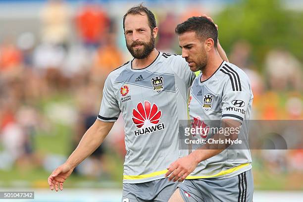 Andrew Durante and Emmanuel Muscat of the Phoenix celebrate a penalty during the round 10 A-League match between the Brisbane Roar and the Wellington...