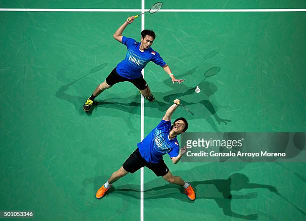 Mohammad Ahsan and Hendra Setiawan of Indonesia in action in the Semifinal Men's Doubles match against Lee Yong Dae Yoo Yeon Seong of Korea during...