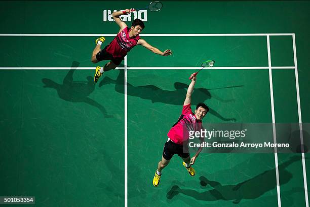 Lee Yong Dae and Yoo Yeon Seong of Korea in action in the Semifinal Men's Doubles match against Mohammad Ahsan and Hendra Setiawan of Indonesia...