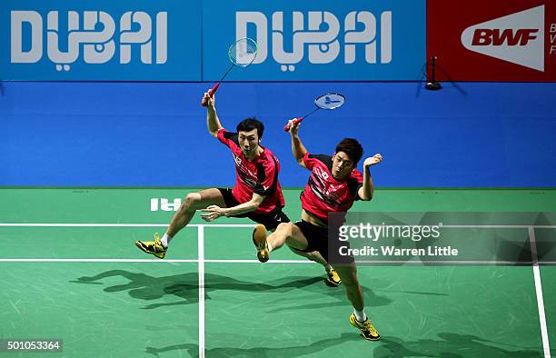 Yong Dae Lee and Yeon Seong Yoo of Korea in action against Mohammad Ahsan and Hendra Setiawan of Indonesia in the Men's Doubles semi final match...