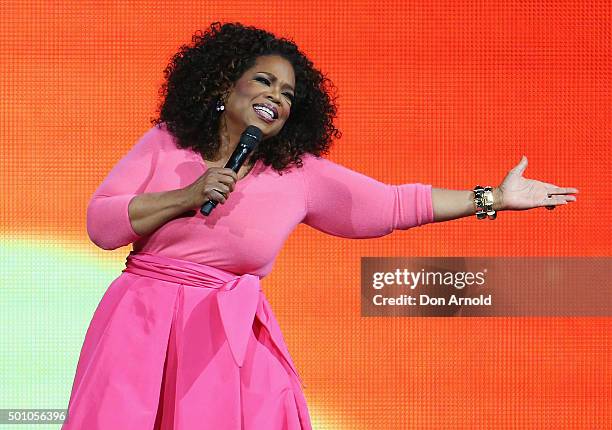 Oprah Winfrey is seen on stage during her 'An Evening With Oprah' tour at Allphones Arena on December 12, 2015 in Sydney, Australia.