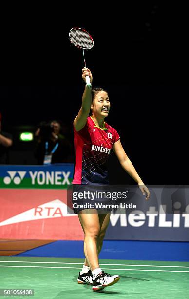 Nozomi Okuhara of Japan celebrates after beating Carolina Marin of Spain in the semi finals of the Women' s Singles match during day four of the BWF...