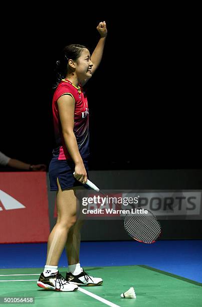 Nozomi Okuhara of Japan celebrates after beating Carolina Marin of Spain in the semi finals of the Women' s Singles match during day four of the BWF...