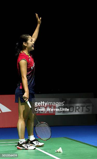 Nozomi Okuhara of Japan celebrates after beating Carolina Marin of Spain in the semi finals of the Women' s Singles match during day four of the BWF...